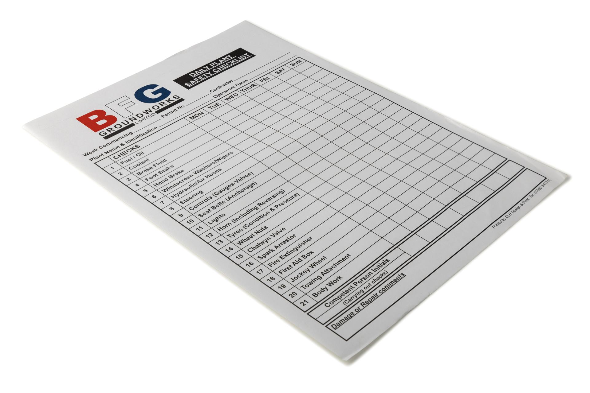 BFG Groundworks Daily Plant Safety Checklist NCR Books Shropshire